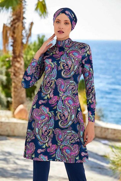 MEBA Γυναικείο μαγιό Hijab με μπλε ναυτικό σχέδιο Lycra Full Covered