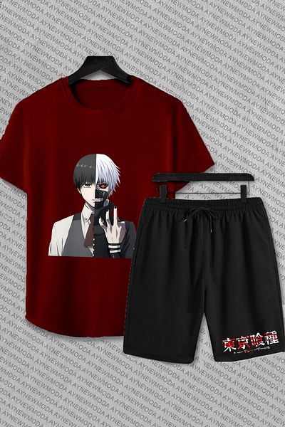 aynewmoda Комплект Tokyo Ghoul Anime Oversize - Шорти и тениска с щампа Kaneki Ken