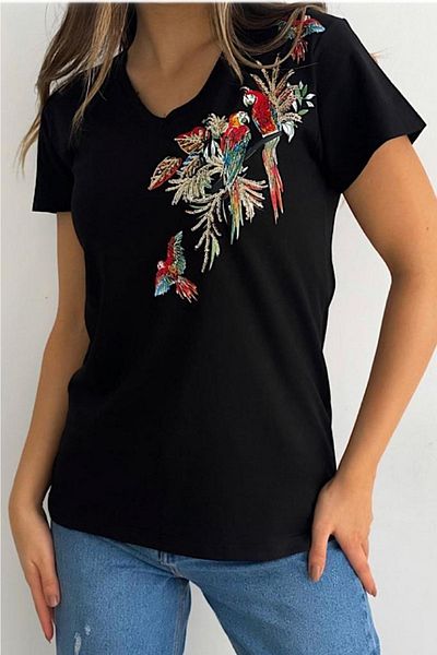 FEMELLE Tricou cu paiete papagal cu decolteu în V