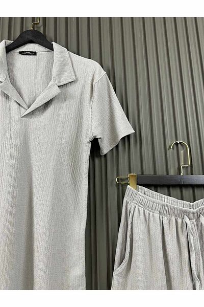 NO 601 Γκρι ζαρωμένο ύφασμα Tiril μπλουζάκι casual loose εφαρμογή με διπλές τσέπες casual τσαλακωμένο ανδρικό σορτς