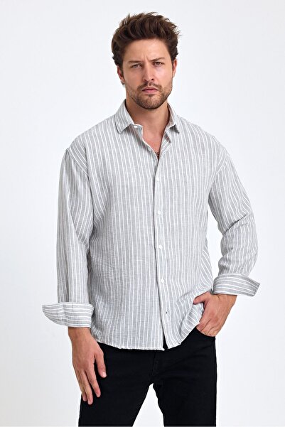 COOL TARZ Men's Striped Classic Fit Shirt - Long Sleeve, 100% Cotton Linen, Folded Sleeve