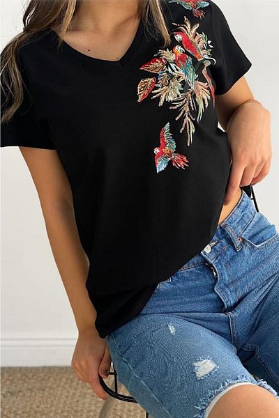 FEMELLE Tricou cu paiete papagal cu decolteu în V