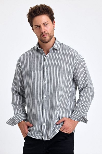 COOL TARZ Ανδρικό ριγέ πουκάμισο Classic Fit - Μακρυμάνικο, 100% Βαμβακερό λινό, Πτυσσόμενο μανίκι