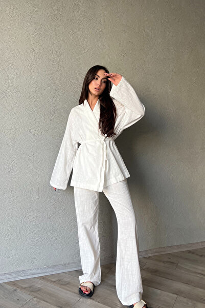 Seda Yalçın Atelier Linen Kimono and Trousers Set - Front Tie Detail, Ecru