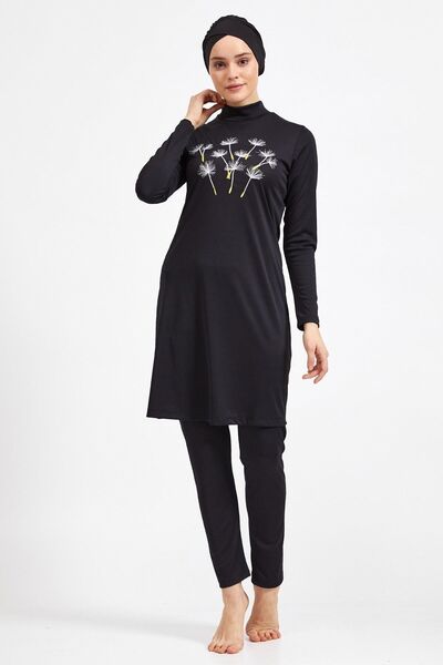 MEBA Siyah Tüy Desen Uzun Kollu Taytlı Likralı Tam Kapalı Tesettür Mayo