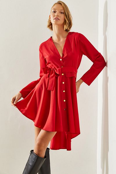 Bianco Lucci Damenkleid mit V-Ausschnitt, vorne kurz, hinten lang und Gürtel 22106 60251499