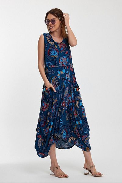 AYASOFYA OTANTIK Rochie etnică de damă, albastră, cu ciucuri, cu buzunare, țesută cu model, cu mâneci zero