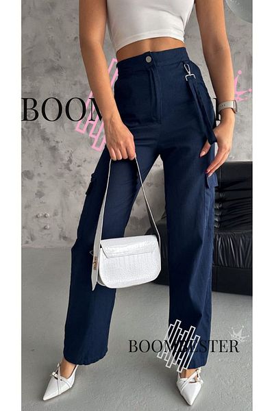 BoomBester Navy Blue Linen High Waist Cargo Pants with Pockets