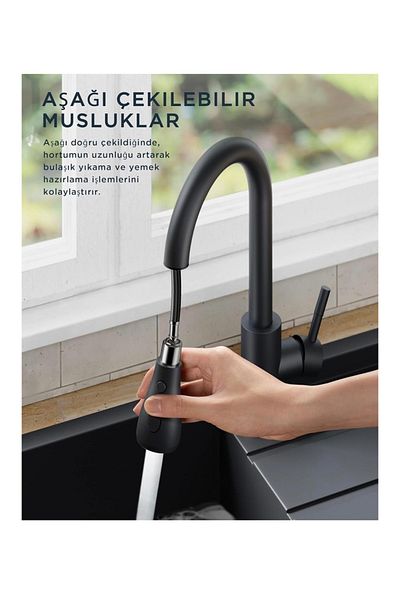 İSAOĞLU YAPI Matte Black Spiral Sink Faucet - Extending Pull and Shower Effect Fixture