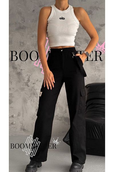 BoomBester High Waist Linen Cargo Pants - Black Women