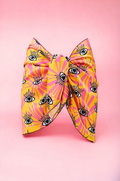 pistore Yellow Pink Eye Patterned Short Pareo Satin Women's Beach Dress New Season