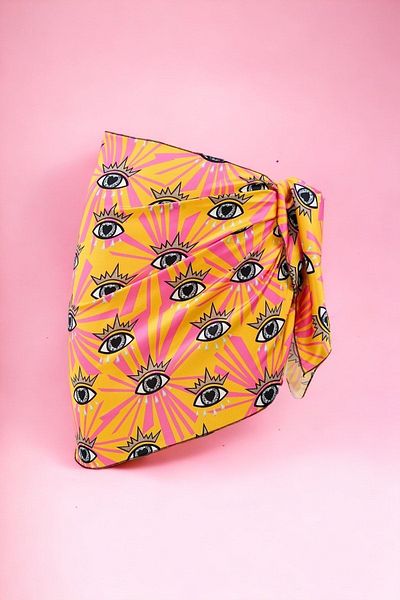 pistore Yellow Pink Eye Patterned Short Pareo Satin Women's Beach Dress New Season