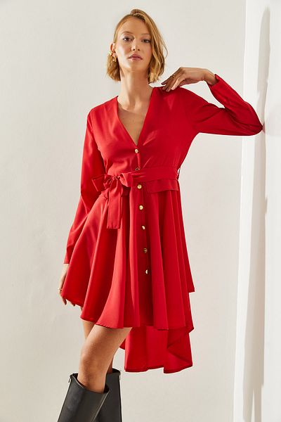 Bianco Lucci Damenkleid mit V-Ausschnitt, vorne kurz, hinten lang und Gürtel 22106 60251499