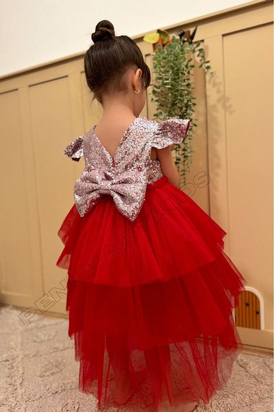 penu baby kids Red Sequined Short Sleeve Tulle Skirt Baby Girl Dress - Elizabeth