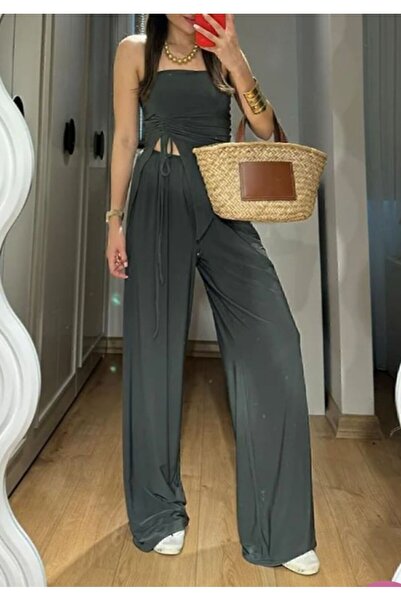 ZF BUTİK Set bluză și pantaloni pentru femei albastru indigo - fără bretele și cu șnur