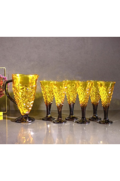 sudeka 7 Parça Renkli Cam Su, Meşrubat Seti 1,5lt-270cc Sarı-kahverengi