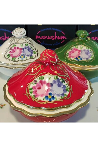 manushum El Boyama Porselen Gülbahar Şekerlik-kırmızı