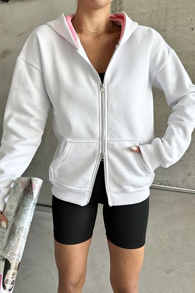 MODAGEN Λευκή Unisex Oversize Ζακέτα με κουκούλα - Διπλό φερμουάρ