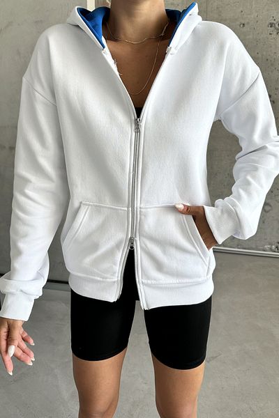 MODAGEN Λευκή Unisex Oversize Ζακέτα με κουκούλα - Διπλό φερμουάρ