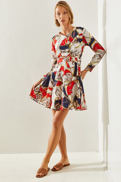 Bianco Lucci Damenkleid mit V-Ausschnitt, Kettenmuster und Gürtel – Knopfdetail, Modell 22127 60251609