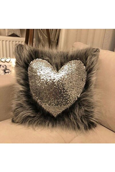 YILMAZHOME Peluş Kalpli Kırlent Kılıfı - (gri Peluş-gümüş Kalp)
