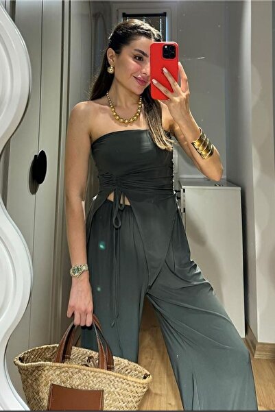 ZF BUTİK Set bluză și pantaloni pentru femei albastru indigo - fără bretele și cu șnur