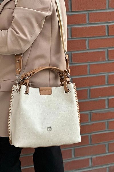 Just Polo Cream Color Crossbody Adjustable Strap Shoulder Bag - Lined Leather Baguette