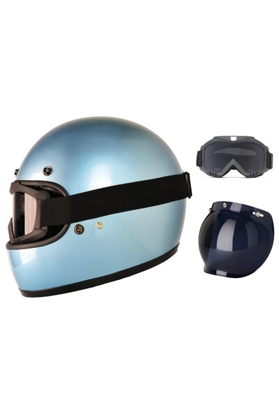 MOTOANL Motosiklet Retro Kask Harley Cafe Racer Vespa Modüler ve Anti UV Gözlüklü Motor Kaskı Blue
