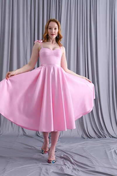 Tangül&Ali'S Moda Evi Tül Askılı Pembe Midi Elbise