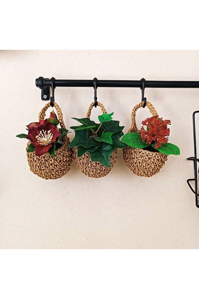 Bohodella 3’lü Askılı Hasır Duvar Sepeti Saksı Kılıfı Çiçeklik