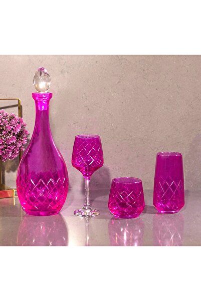 sudeka 37 Parça 12 Kişilik El Dekor Renkli Kristal Kesme Cam Su Takımı