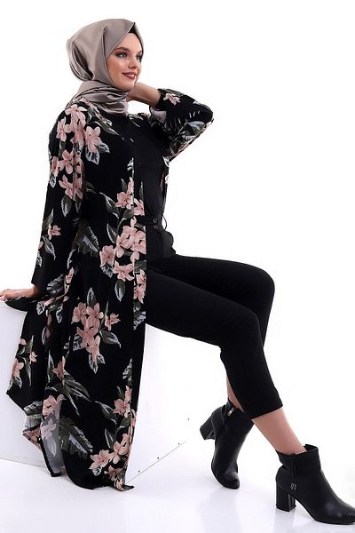 forte bella Patterned Wide Sleeve, Stylish, Casual, Long, Belted Hijab Kimono