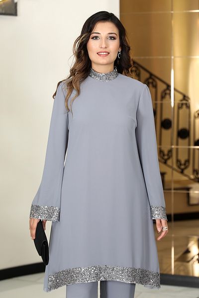 TESETTÜR TASARIM Double Chiffon Set - Sequin Detailed Tunic and Trousers