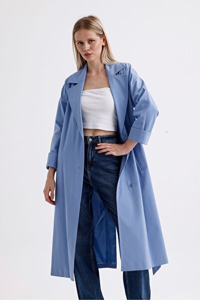 DOLCEBELLA Kadın Mavi Kruvaze Uzun Trençkot