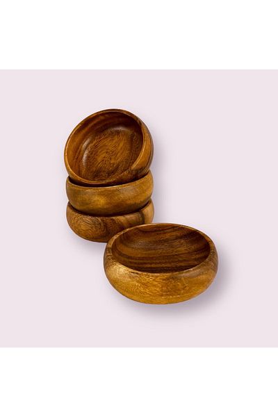 ELZEY HOME 10 cm Round Natural Acacia Snack and Jam Bowl Set of 4