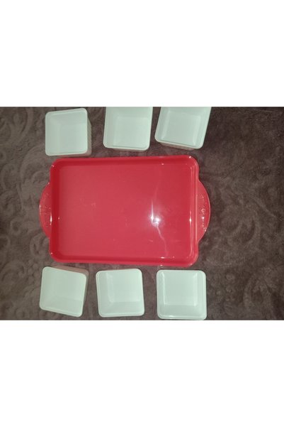 HANK TİCARET Pomegranate Flower Colored Plastic Tray with Plastic Lid and 6 Breakfast Plates
