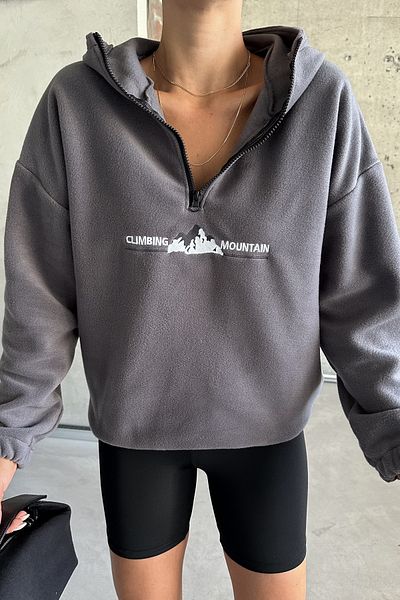 MODAGEN Unisex Κεντητό Mountain Fleece Φούτερ - Κουκούλα με μισό φερμουάρ