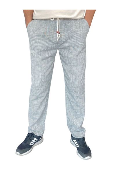 Enoteks Blue Men's Trousers - Comfortable Fit, Elastic Waist, Cotton Linen Flamed
