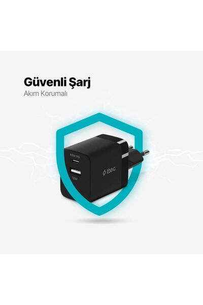Ttec Polham Ttec PD 45W 1x Type C ve 1x USB Girişli Şarj Adaptörü, Akım ve Isı Korumalı Süper Hızlı Başlı