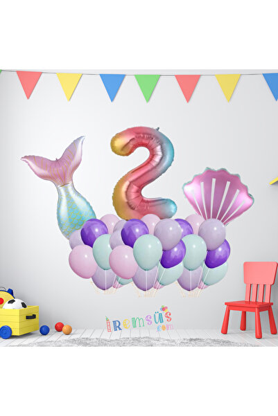 mypartyready 2 Yaş Doğum Günü Partisi Deniz Kızı Konsept Folyo Helyum Balon S...
