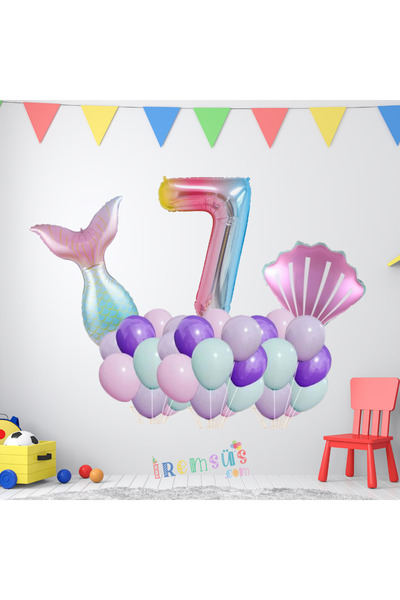 mypartyready 7 Yaş Doğum Günü Partisi Deniz Kızı Konsept Folyo Helyum Balon S...