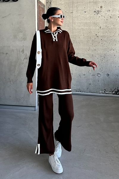 MODAGEN Brown Knitwear Shirt Collar and Button Detailed Set
