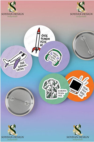 Kopisan Hisli Şeyler Komik Şeyler Mizah Eğlence Temalı  5'li Rozet Seti