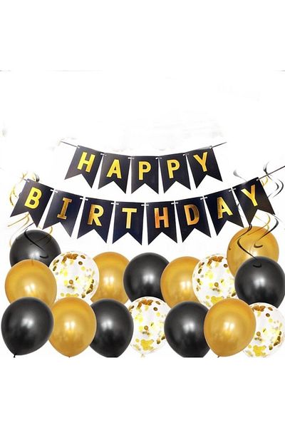 Deniz Party Store Happy Birthday Text Set of 15 Metallic Balloons - Black Gold Leaf