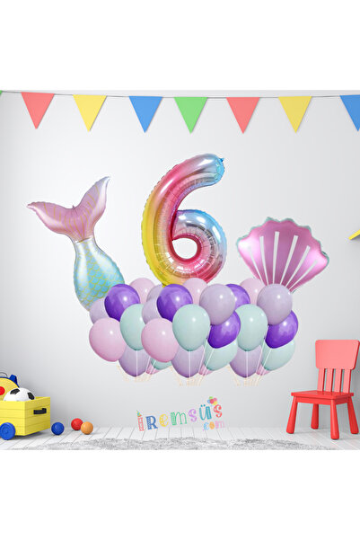 mypartyready 6 Yaş Doğum Günü Partisi Deniz Kızı Konsept Folyo Helyum Balon S...