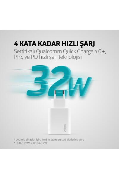 Ttec Süper Şarj Akım Koruma Pd Ve Usb Qc4 32w Şarj Başlığı Samsung Huawei Iph...