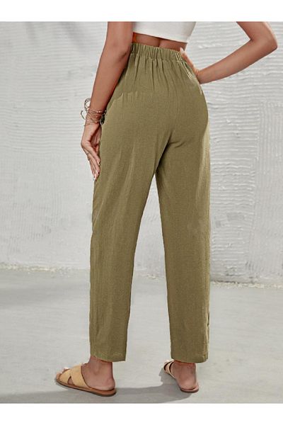 night blue French High Waist Linen Trousers-Khaki