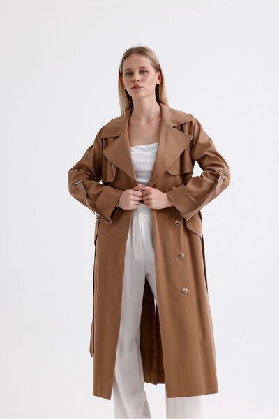DOLCEBELLA Kadın Ceket Yakalı Kruvaze Camel Trençkot