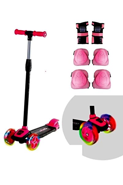 SAZE Kalite Fırsat Pembe 3 Teker Işıklı Twist Scooter Dızlık Dırseklık Koruyu...