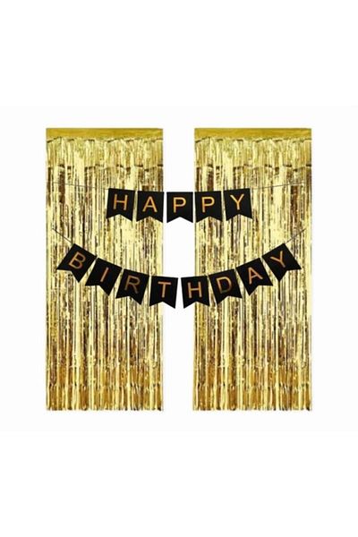 Deniz Party Store 2 Pieces Gold Metallized - Black Leaf Happy Birthday Text Set